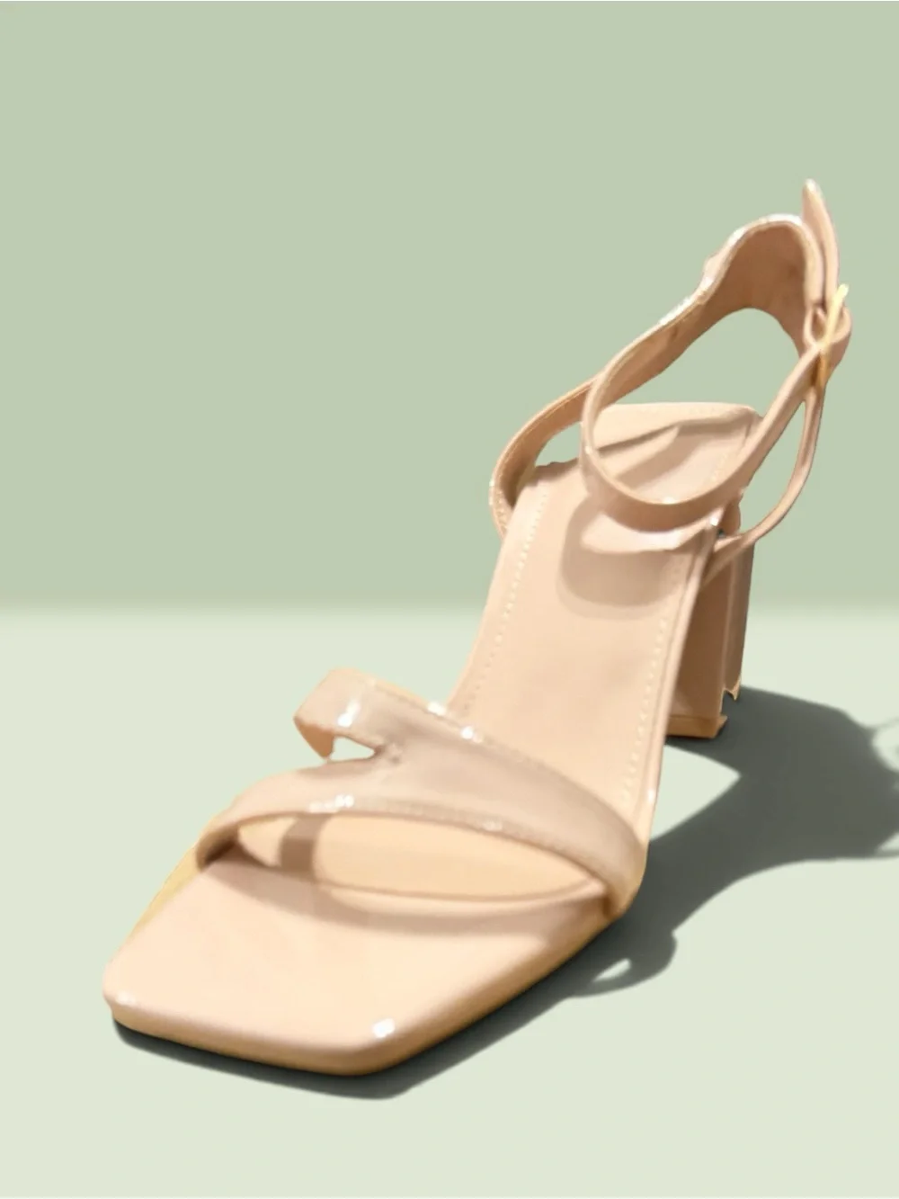 Patent Nude Block Heel Sandal with Ankle Strap